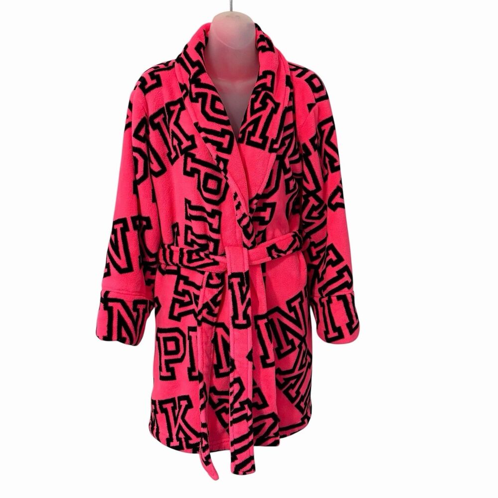 Victorias Secret PINK XS/S Bathrobe Short Plush Hot Pink Black Logo Belted Tie
